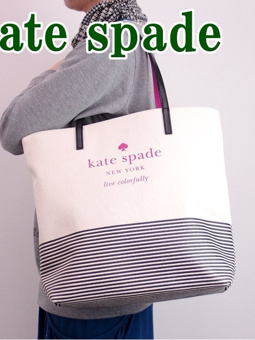 kate spade Cream and Black Striped Canvas Tote with Pink Logo